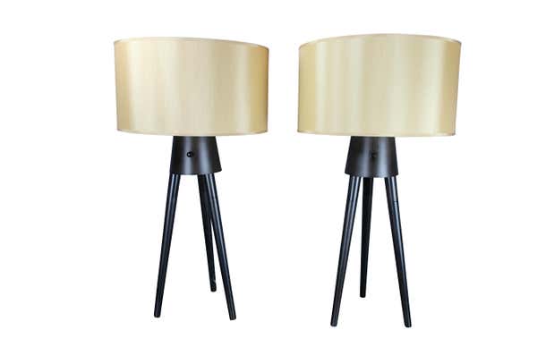 Pair of Midcentury Style Black Tripod Lamps with Champagne Shades
