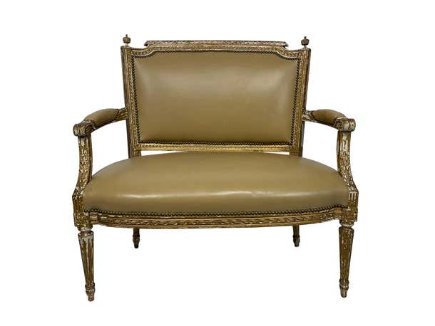19th Century Italian Diminutive Painted Settee in Tan Leather
