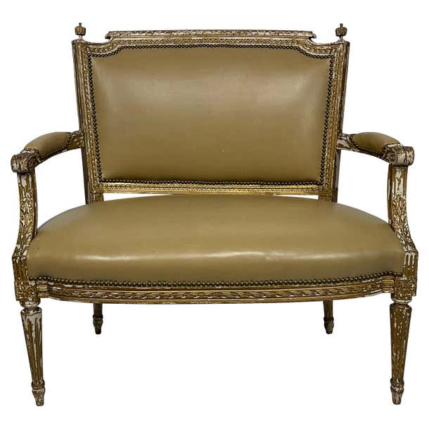19th Century Italian Diminutive Painted Settee in Tan Leather