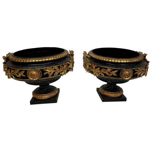 Black and Gilt Cast Iron Urns/ Planters Neoclassical Style