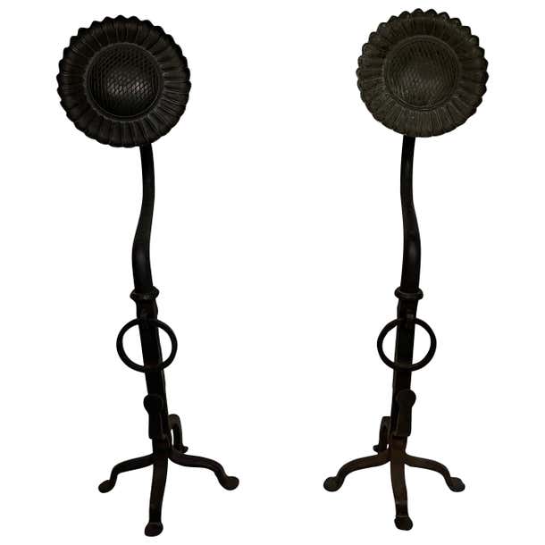 20th Century Sunflower Black Wrought Oversized Iron Hand Forged Andirons