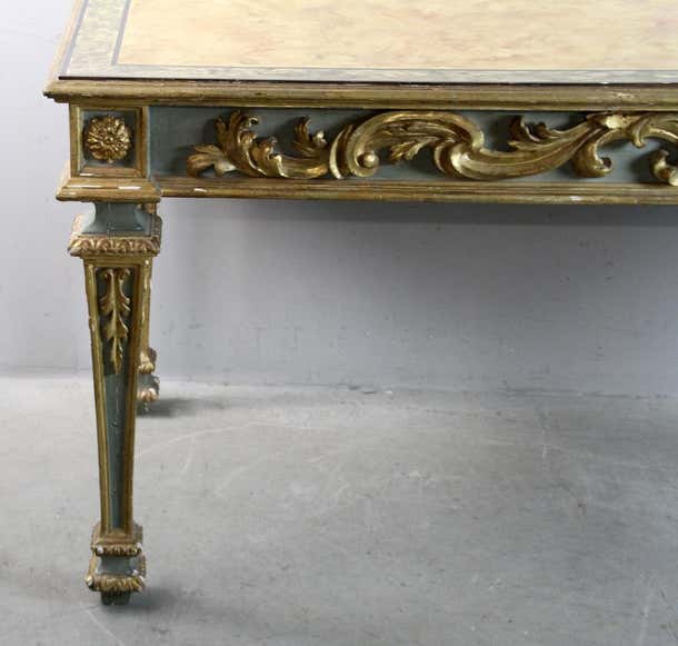 19th Century Italian Carved Green and Gilt Foyer Table with Faux Marble Top
