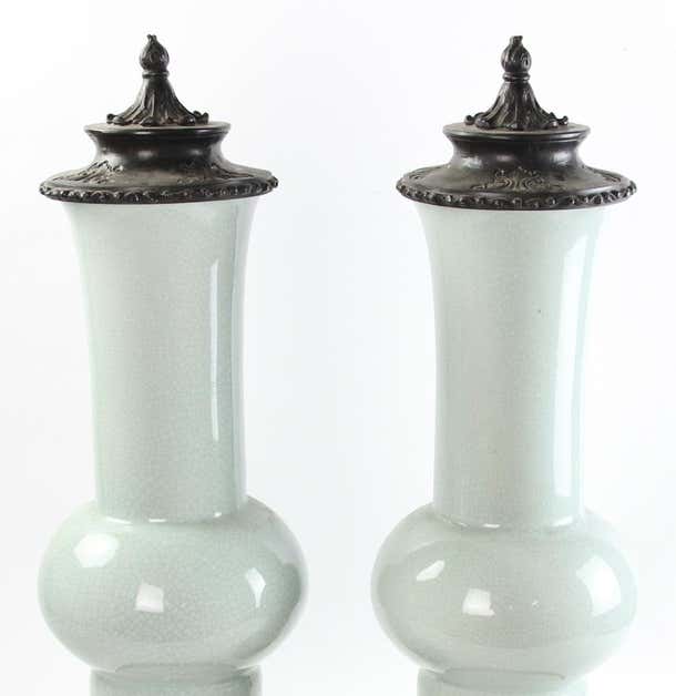 Pair of Chinese Celadon Gu Shaped Porcelain Vases with Metal Covers and Base