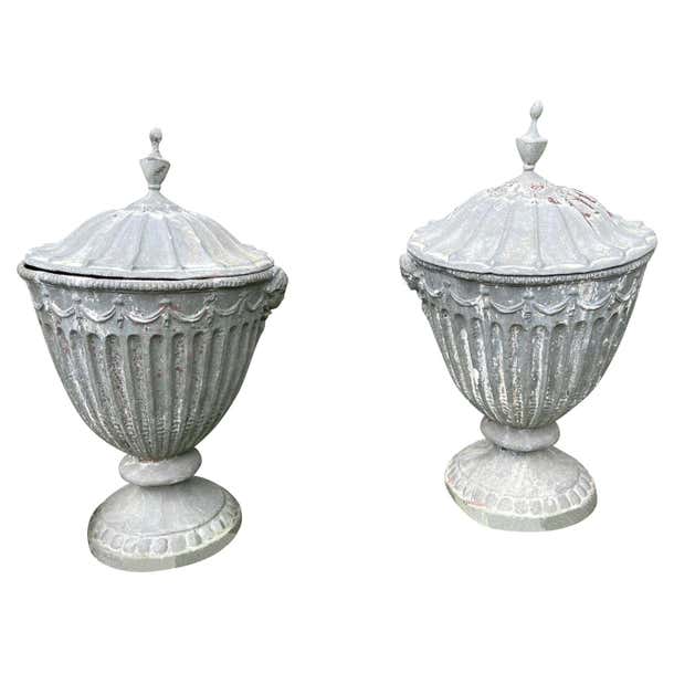 19th Century English Classical Pair of Lead Garden Urns with Covers Grey
