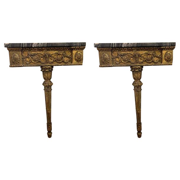 Antique Continental Gilt Mounted Corner Tables with Black and Gold Marble Top