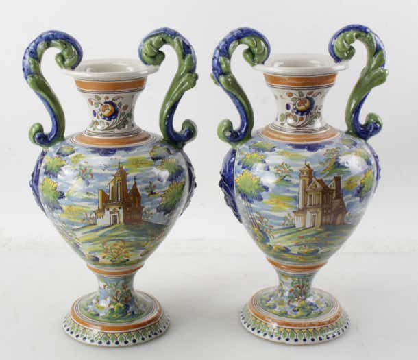 Pair of Antique Italian Majolica Italian Blue and Green Two Handled Urns