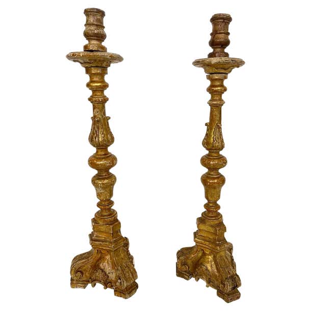 19th Century Antique Italian Baroque Gilt Candlesticks Candelabra