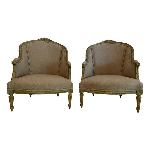 Pair of Louis XVI Painted Armchairs in Grey Upholstery with Flower Detail