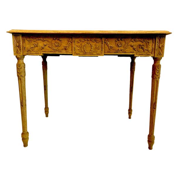 French Louis XVI Bleached Oak Side Table with Neoclassical Carved Designs