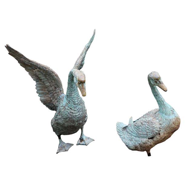 Pair of Figural Bronze Geese Standing and Seated