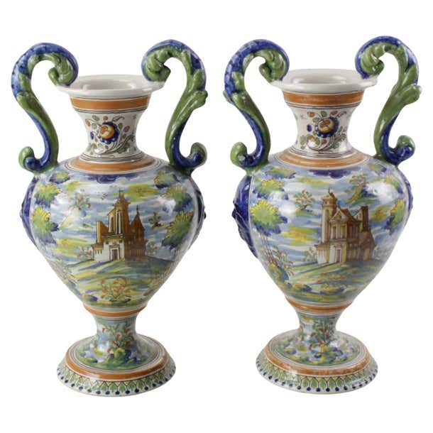 Pair of Antique Italian Majolica Italian Blue and Green Two Handled Urns