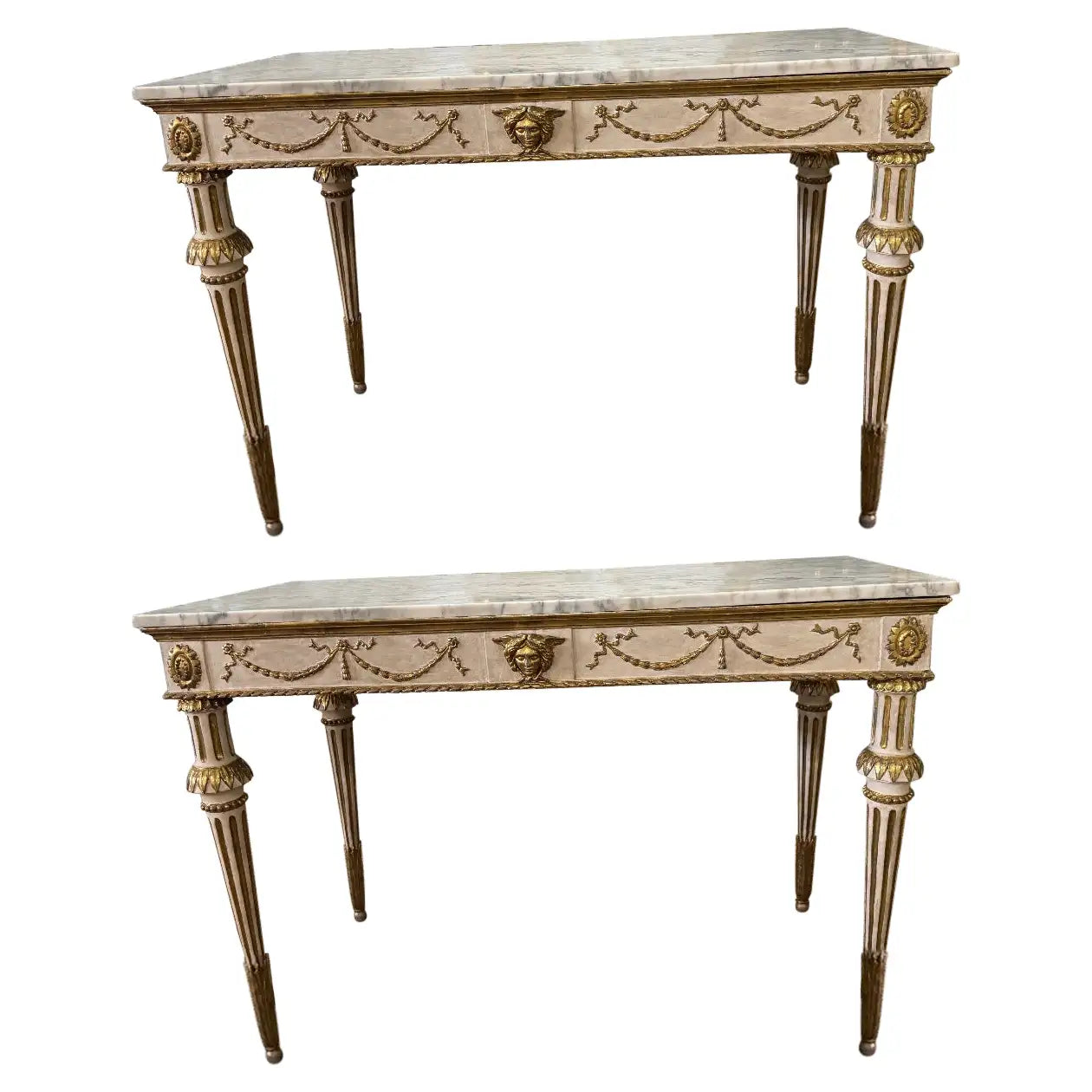 Pair of Swedish Neoclassical Painted and Parcel-Gilt Console Tables with Marble