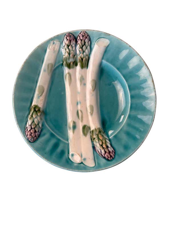 Set of Seven French Majolica Depose KG Luneville Asparagus Plates