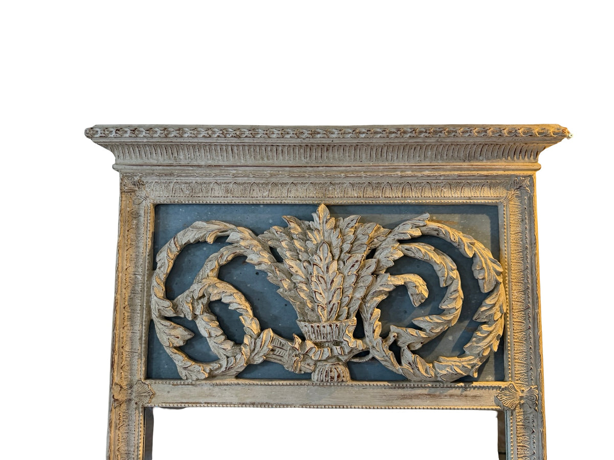 French Neoclassical Trumeau Mirror with Carved Wheat Sheaf and Acanthus Scroll Crest in Blue and White