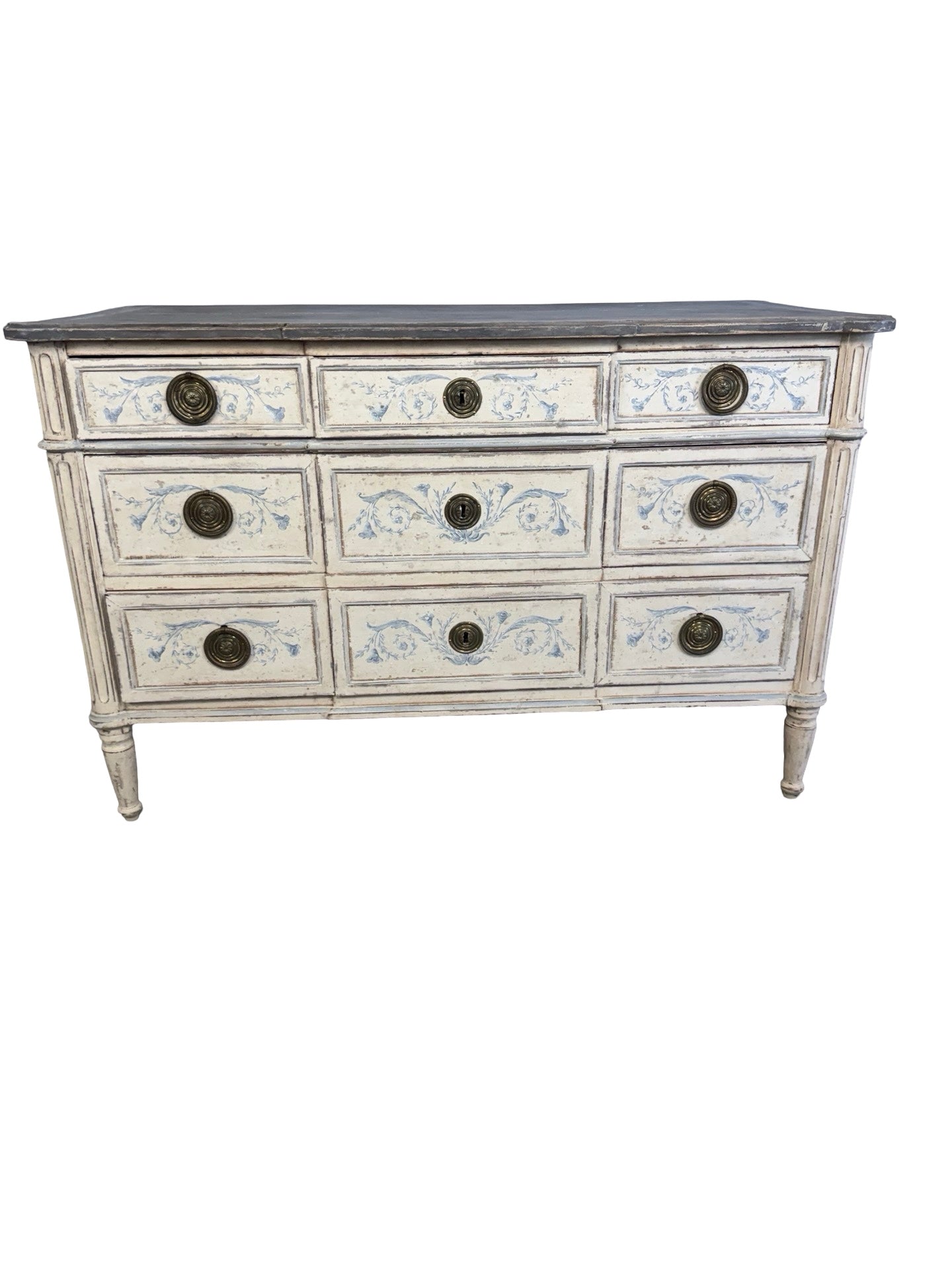 French Neoclassical Style Painted Nine-Drawer Commode with Hand-Painted Foliate