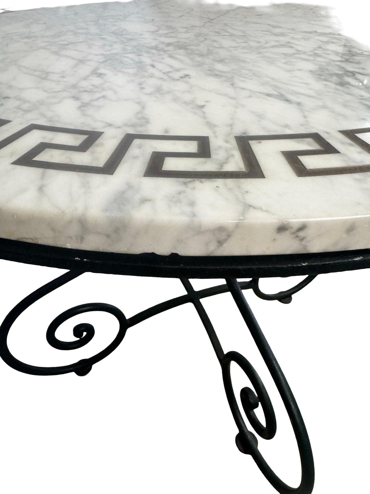 Round Marble Top Table with Greek Key Border & Wrought Iron Base