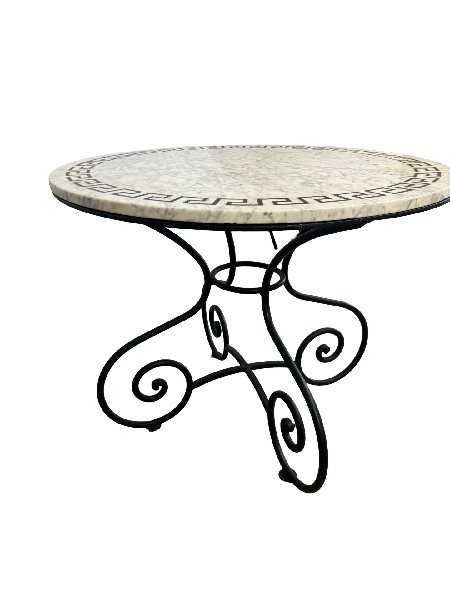 Round Marble Top Table with Greek Key Border & Wrought Iron Base