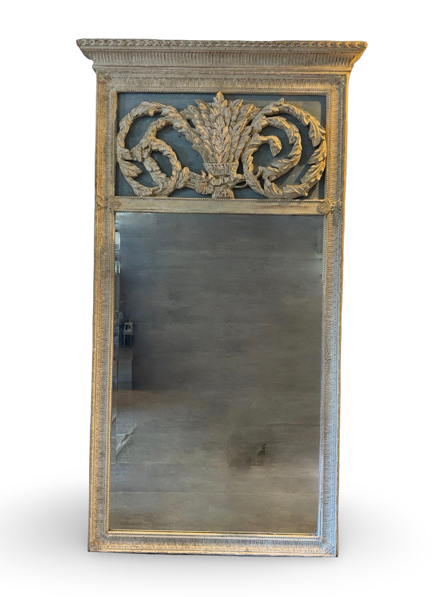French Neoclassical Trumeau Mirror with Carved Wheat Sheaf and Acanthus Scroll Crest in Blue and White