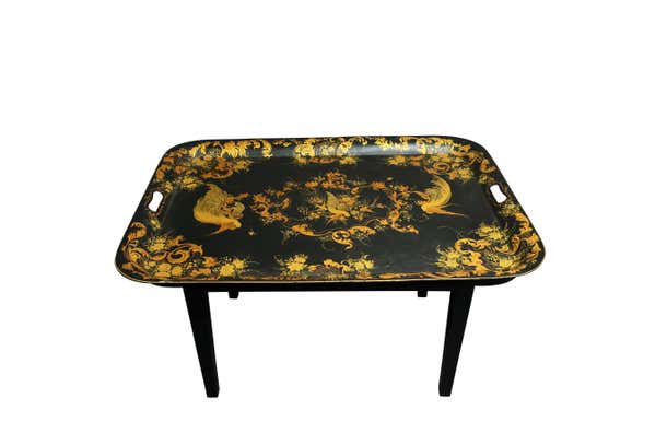 Tole Tray Coffee Table in Gold and Black with Bird Decoration