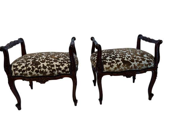 19th Century Itallian Walnut Fireside Benches in Brown Velvet Rabbit Upholstery