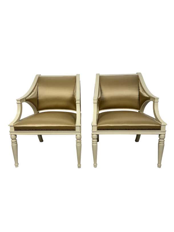 Pair of CuDesigner Wide Seat Arm Chairs in Champagne Satin Upholstery