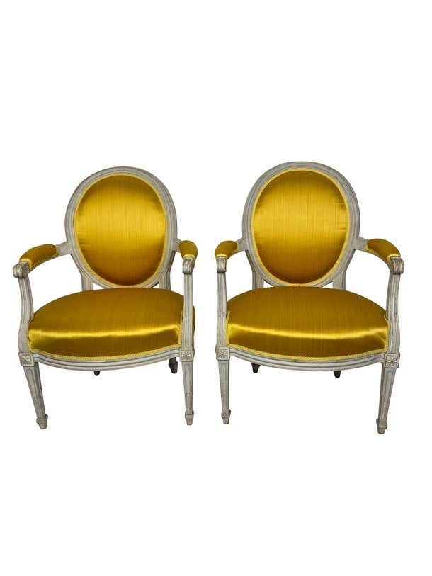 Pair of Classic Louis XVI French Round Back Fauteuils/ArmChairs in YellowFabric
