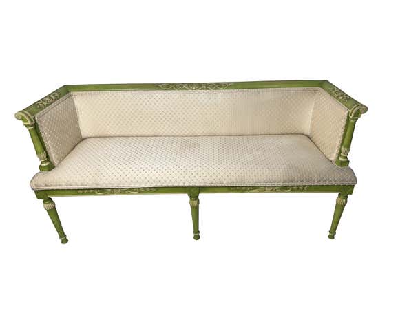 Pair of Neoclassical Painted Decorated Green Settees with Cream Upholstery