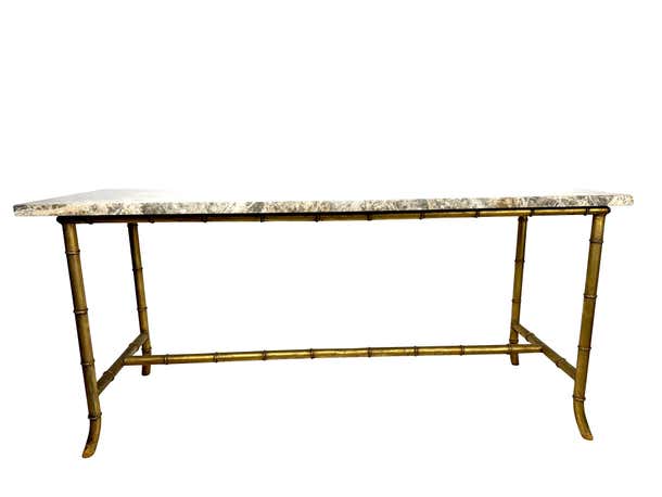 Maison Jansen Style Brass Bamboo Console Table with Brown Marble Top
