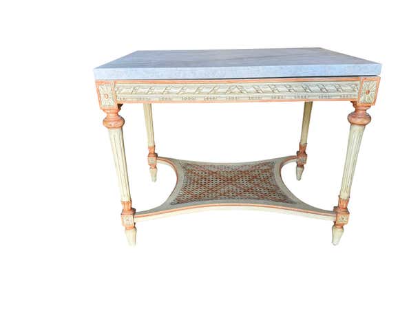 Pair of Beige and Peach Paint Decorated End Tables with Taj Mahal Marble Tops