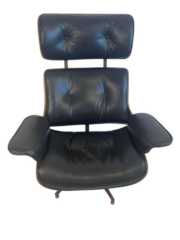 George Mulhauser Designed Plycraft Walnut Black Leather Lounge Chair Ottoman
