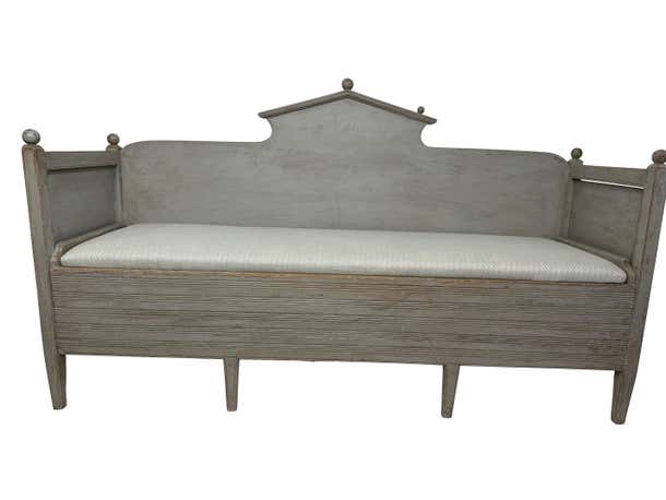 Neoclassical Style Swedish Grey Gustavian Storage Sofa Hand Carved