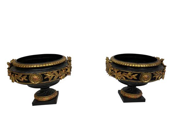 Black and Gilt Cast Iron Urns/ Planters Neoclassical Style