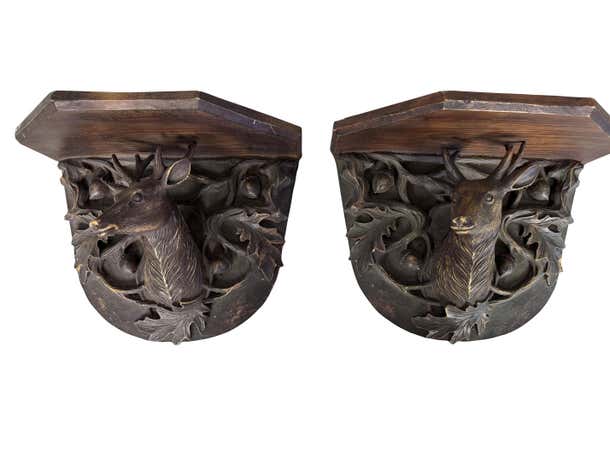 Black Forest Style Wall Shelves Featuring Stag Heads and Acorns