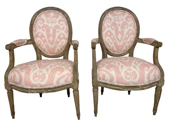 French Louis XVI Style Pair of Grey Painted Armchairs in Pink Ikat Fabric