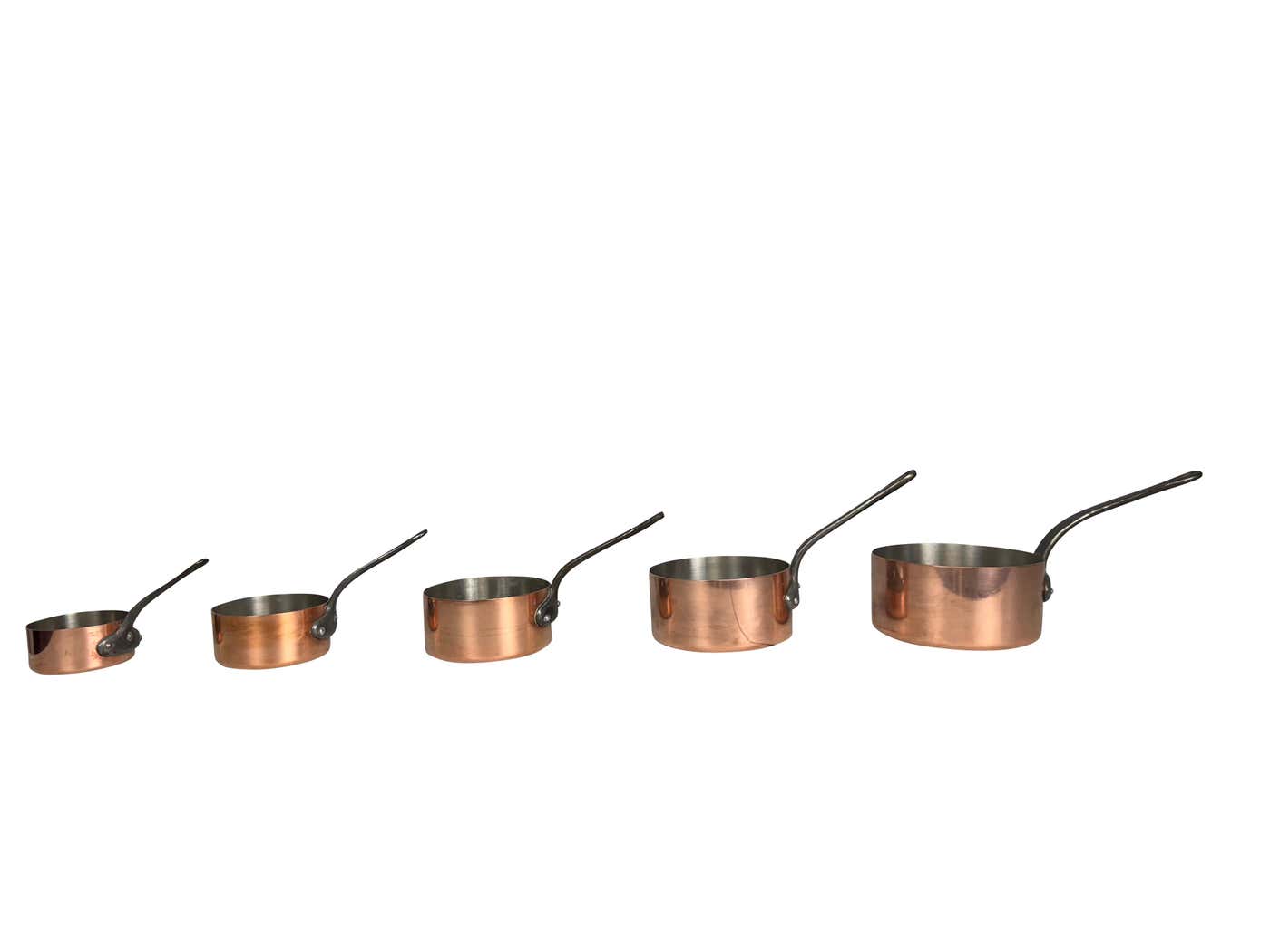 Set of Five Graduated French Copper Sauce Pans With Iron Handles