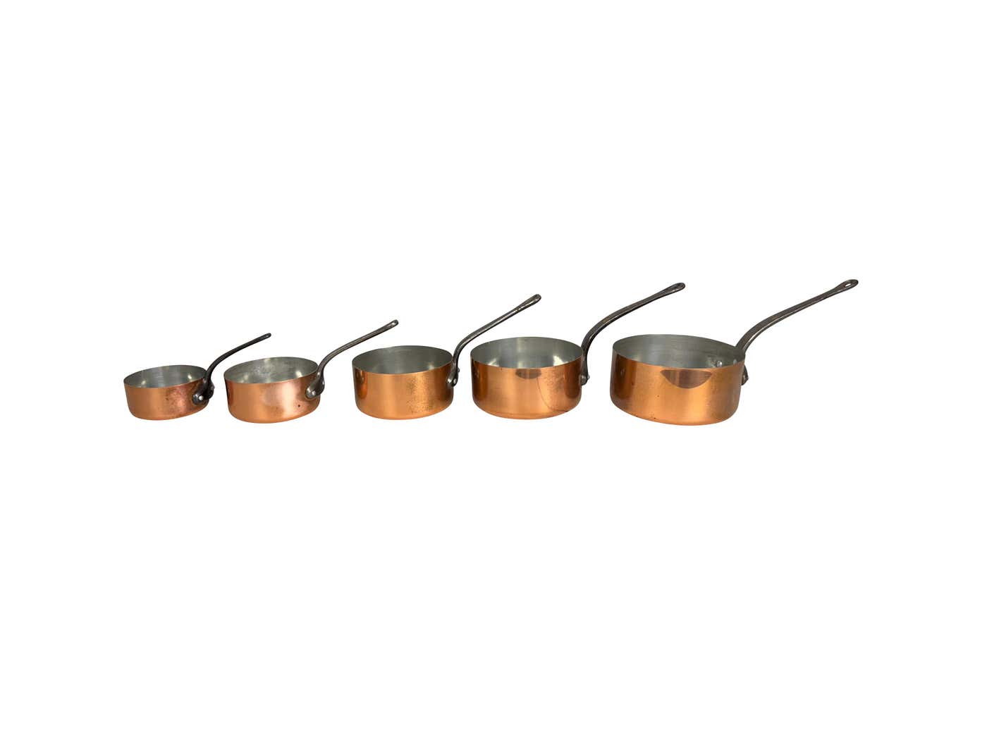 Set of Five French Graduated Copper Saucepans