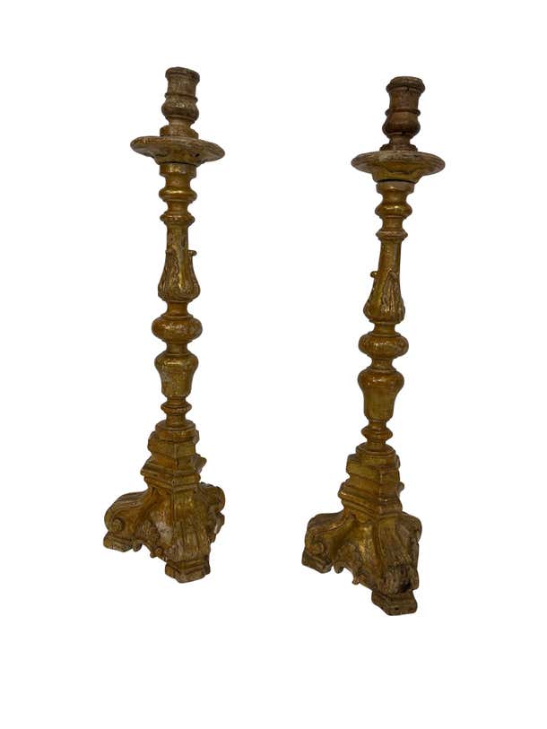 19th Century Antique Italian Baroque Gilt Candlesticks Candelabra
