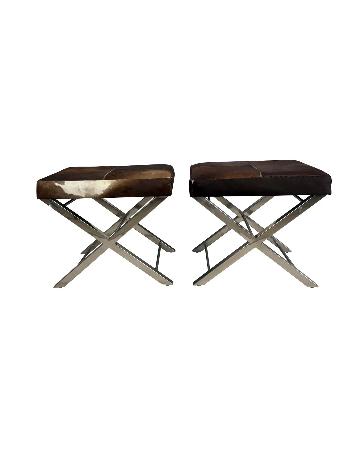 Pair of Mid Century Cow Hide Benches with Chrome Bases