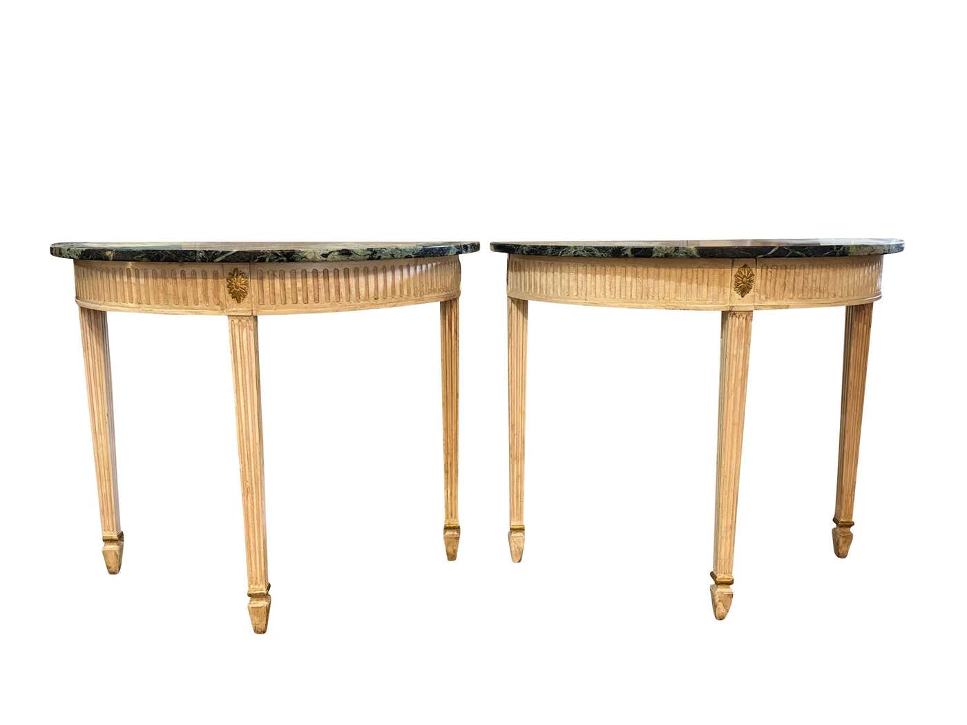 Pair of Demilune Painted Classical Console Tables with Green Marble Tops