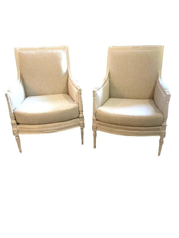 Pair of Directoire Style Louis XVI Bergere Armchairs in Natural Linen