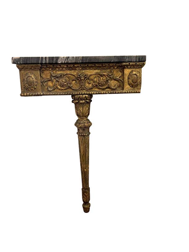 Antique Continental Gilt Mounted Corner Tables with Black and Gold Marble Top