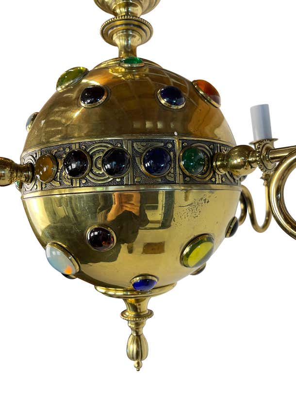 Brass Moroccan Style Chandelier with Colored Stones