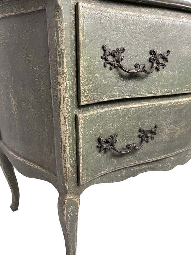 French Louis XV Style Two Drawer Bureau in Blue / Green Crackle Painted