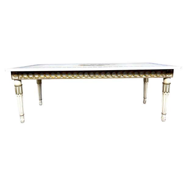 Marble Top White and Gilt Coffee Table with Greek Key and Decorative Inlay