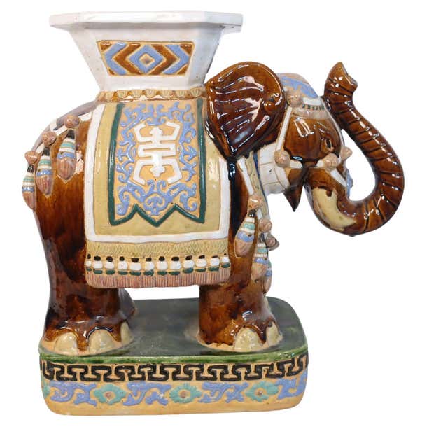 Ceramic Asian Brown and Gold Elephant Garden Stool