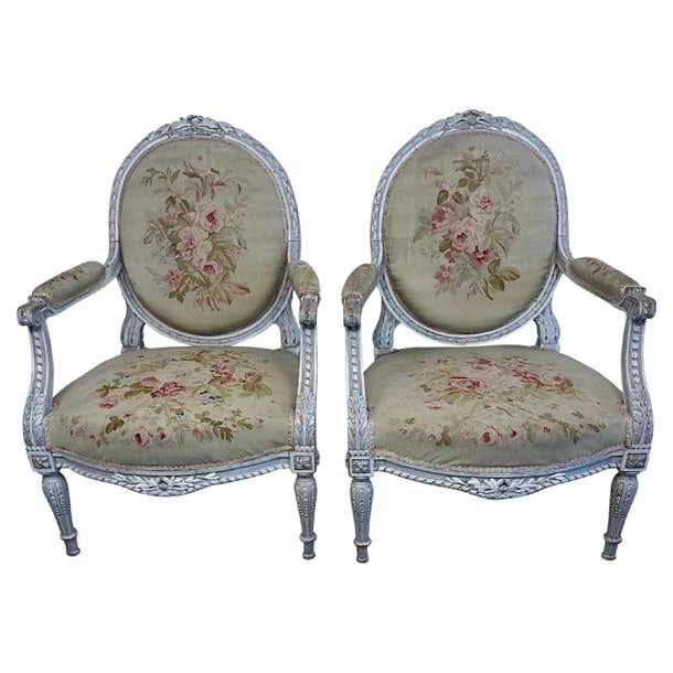 Late 18th/19th Century French Ivory Louis XVI Armchairs with Aubusson