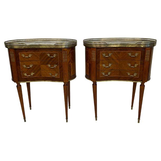 Louis XVI Style End or Bedroom Side Tables with Marble and Brass Gallery Tops