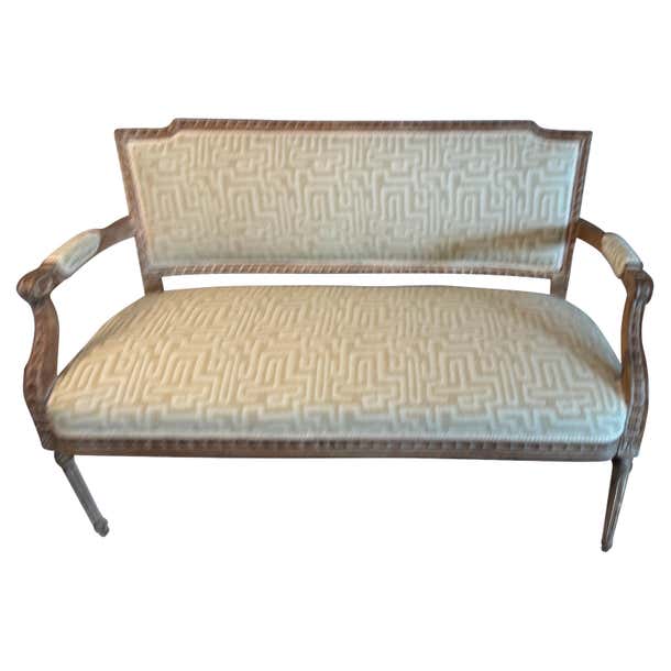 French Carved Natural Wood Settee with Modern Geometric Pattern Beige Upholstery