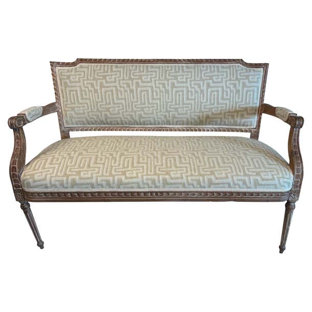 French Carved Natural Wood Settee with Modern Geometric Pattern Beige Upholstery