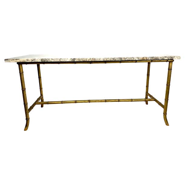 Maison Jansen Style Brass Bamboo Console Table with Brown Marble Top